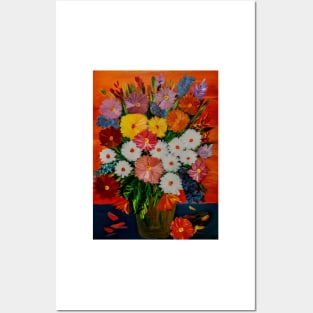 beautiful bouquet of mixed flowers in a vintage brass vase Posters and Art